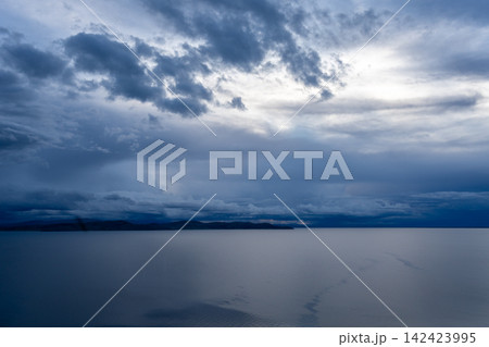 Panoramic view of Lake Titicaca from Taquile Island, Peru 142423995