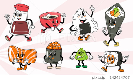Sushi and japanese food retro rubber hose cartoon characters set, featuring a walking soy sauce bottle, miso soup, onigiri, temaki, salmon sashimi,ikura gunkan, wasabi, and maki sushi. Vector Sushi and japanese food retro rubber hose cartoon characters set, featuring a walking soy sauce bottle, miso soup, onigiri, temaki, salmon sashimi,ikura gunkan, wasabi, and maki sushi. Vector 142424707