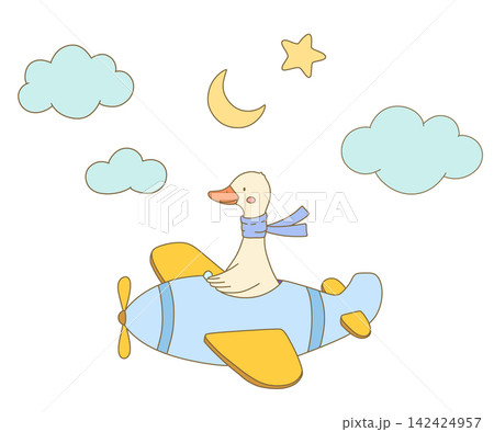 Cute goose flying plane in sky. Cartoon pilot character for children nursery art, baby shower design, vector flat isolated illustration Cute goose flying plane in sky. Cartoon pilot character for children nursery art, baby shower design, vector flat isolated illustration 142424957