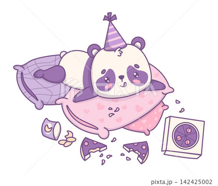 Cute Kawaii Panda In Party Hat Lying Exhausted On Pillows With Pizza Box And Chips. Happy Lazy Bear Character Food Coma Concept. Lonely Introvert Birthday Celebration. Vector Illustration. Cute Kawaii Panda In Party Hat Lying Exhausted On Pillows With Pizza Box And Chips. Happy Lazy Bear Character Food Coma Concept. Lonely Introvert Birthday Celebration. Vector Illustration. 142425002