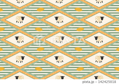 Cute Sheep Baby Diamond Seamless Pattern with Stripes and Leaves Cute Sheep Baby Diamond Seamless Pattern with Stripes and Leaves 142425018