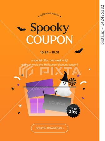 Halloween Sale Promo Banner Template with Cute Ghost, Witch Hat, and Coupons Vector 142425382