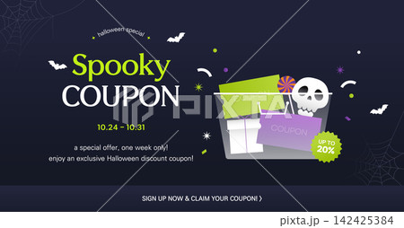 Halloween Special Discount Coupon Banner with Skull, Lime Coupon, and Bats Vector 142425384