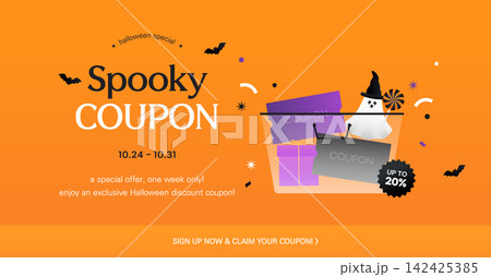 Halloween Sale Promo Banner Template with Cute Ghost, Witch Hat, and Coupons Vector 142425385