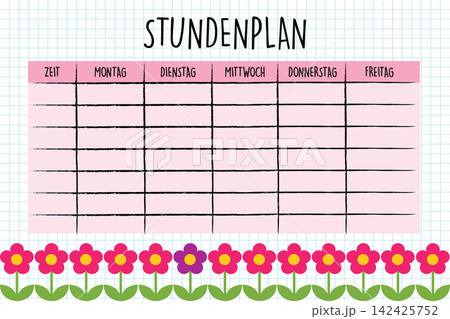 pink german education school timetable with flowers for kids weekly planner vector illustration 142425752