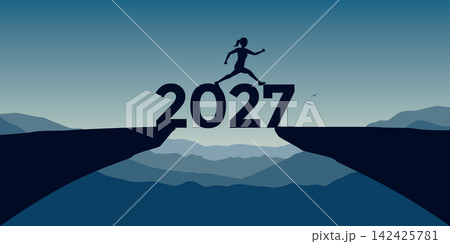 successful woman on a cliff run on 2027 typography vector ilustration successful woman on a cliff run on 2027 typography vector ilustration 142425781