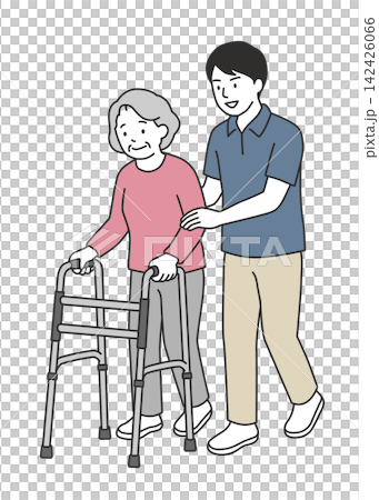 歩行補助具を使って歩くシニア女性を介助する男性介護士 歩行補助具を使って歩くシニア女性を介助する男性介護士 142426066