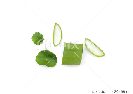 Fresh aloe vera slices and gotu kola leaves on a white background. 142426653