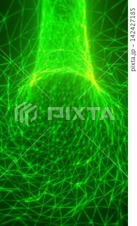 Bright green polygon network forms a futuristic wireframe structure with glowing lines, nodes, and digital mesh depth. Bright green polygon network forms a futuristic wireframe structure with glowing lines, nodes, and digital mesh depth. 142427185