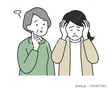 認知症の母親の介護を一人で抱え込み頭を抱えて悩む娘のイラスト 認知症の母親の介護を一人で抱え込み頭を抱えて悩む娘のイラスト 142427303