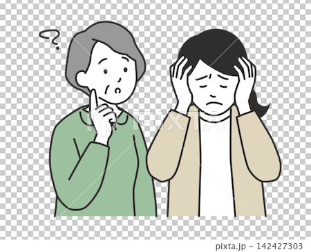 認知症の母親の介護を一人で抱え込み頭を抱えて悩む娘のイラスト 認知症の母親の介護を一人で抱え込み頭を抱えて悩む娘のイラスト 142427303