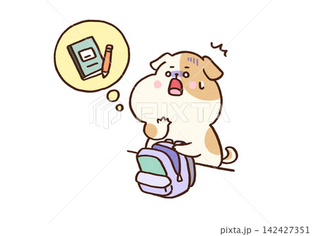 リュックを開けノートと鉛筆を忘れたことに気づき焦る犬(ADHD・不注意) リュックを開けノートと鉛筆を忘れたことに気づき焦る犬(ADHD・不注意) 142427351