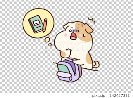 リュックを開けノートと鉛筆を忘れたことに気づき焦る犬(ADHD・不注意) リュックを開けノートと鉛筆を忘れたことに気づき焦る犬(ADHD・不注意) 142427351