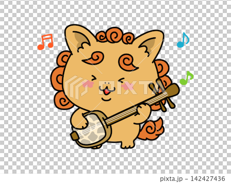 An illustration of a cute Shisa playing the Okinawan instrument, the sanshin, and singing. An illustration of a cute Shisa playing the Okinawan instrument, the sanshin, and singing. 142427436