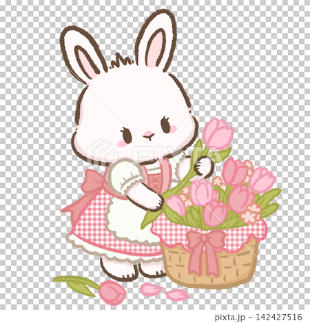 Cute Chibi White Bunny Wearing Pink Gingham Dirndl Arranging Pink Tulips In Flower Basket Bavarian Spring Meadow Cottage Garden Kawaii Character Illustration Cute Chibi White Bunny Wearing Pink Gingham Dirndl Arranging Pink Tulips In Flower Basket Bavarian Spring Meadow Cottage Garden Kawaii Character Illustration 142427516