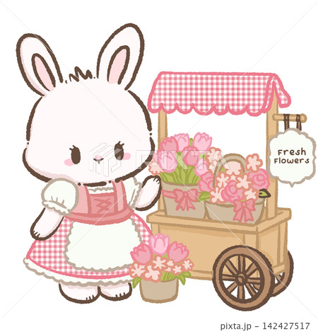 Cute Chibi White Bunny Wearing Pink Gingham Dirndl Beside Fresh Flower Market Cart Filled With Tulips Bavarian Village Spring Kawaii Character Illustration Cute Chibi White Bunny Wearing Pink Gingham Dirndl Beside Fresh Flower Market Cart Filled With Tulips Bavarian Village Spring Kawaii Character Illustration 142427517