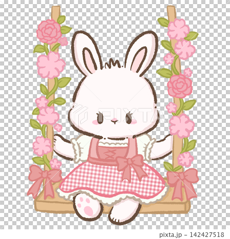 Cute Chibi White Bunny Wearing Pink Gingham Dirndl Sitting On Flower Covered Wooden Swing Bavarian Spring Meadow Kawaii Character Illustration Cute Chibi White Bunny Wearing Pink Gingham Dirndl Sitting On Flower Covered Wooden Swing Bavarian Spring Meadow Kawaii Character Illustration 142427518