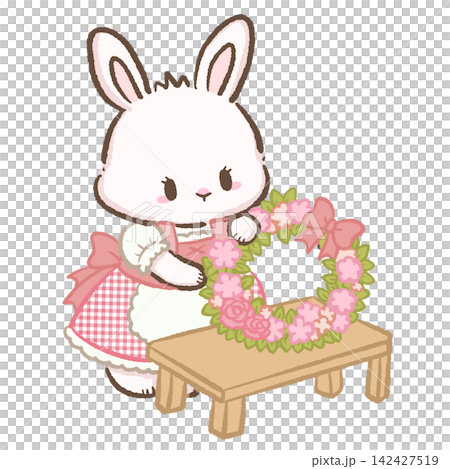 Cute Chibi White Bunny Wearing Pink Gingham Dirndl Making Pink Floral Wreath On Wooden Table Bavarian Cottage Garden Kawaii Character Illustration Cute Chibi White Bunny Wearing Pink Gingham Dirndl Making Pink Floral Wreath On Wooden Table Bavarian Cottage Garden Kawaii Character Illustration 142427519