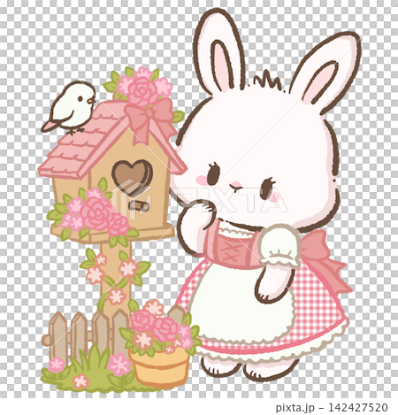 Cute Chibi White Bunny Wearing Pink Gingham Dirndl Beside Floral Birdhouse With Little Bird Bavarian Cottage Garden Kawaii Character Illustration Cute Chibi White Bunny Wearing Pink Gingham Dirndl Beside Floral Birdhouse With Little Bird Bavarian Cottage Garden Kawaii Character Illustration 142427520