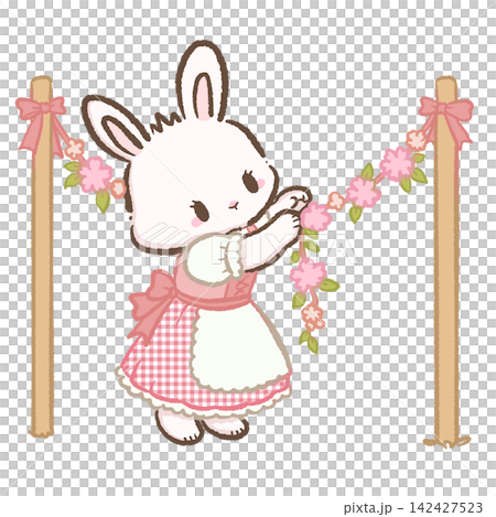 Cute Chibi White Bunny Wearing Pink Gingham Dirndl Decorating Floral Garland Between Wooden Posts Bavarian Cottage Garden Kawaii Character Illustration Cute Chibi White Bunny Wearing Pink Gingham Dirndl Decorating Floral Garland Between Wooden Posts Bavarian Cottage Garden Kawaii Character Illustration 142427523