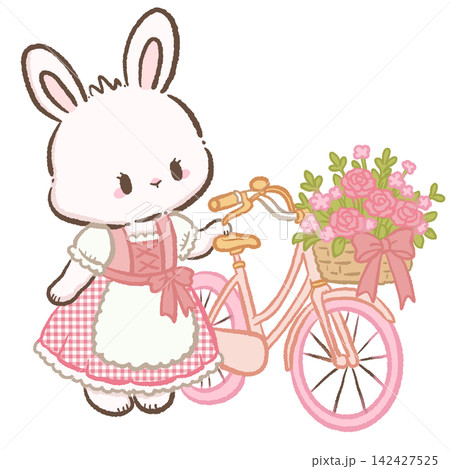 Cute Chibi White Bunny Wearing Pink Gingham Dirndl Walking Beside Pink Bicycle With Flower Basket Bavarian Spring Garden Kawaii Character Illustration Cute Chibi White Bunny Wearing Pink Gingham Dirndl Walking Beside Pink Bicycle With Flower Basket Bavarian Spring Garden Kawaii Character Illustration 142427525
