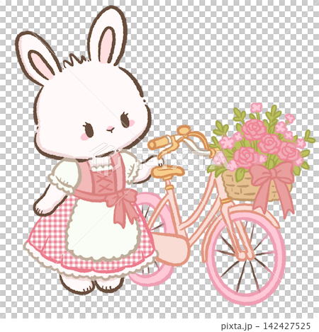 Cute Chibi White Bunny Wearing Pink Gingham Dirndl Walking Beside Pink Bicycle With Flower Basket Bavarian Spring Garden Kawaii Character Illustration Cute Chibi White Bunny Wearing Pink Gingham Dirndl Walking Beside Pink Bicycle With Flower Basket Bavarian Spring Garden Kawaii Character Illustration 142427525