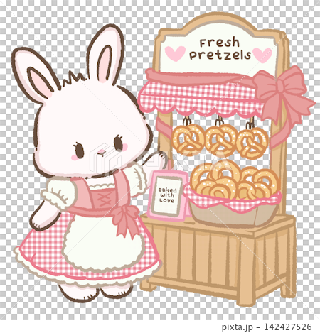 Cute Chibi White Bunny Wearing Pink Gingham Dirndl Beside Fresh Pretzel Market Stand Bavarian Village Oktoberfest Kawaii Character Illustration Cute Chibi White Bunny Wearing Pink Gingham Dirndl Beside Fresh Pretzel Market Stand Bavarian Village Oktoberfest Kawaii Character Illustration 142427526