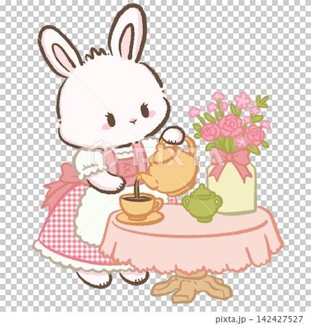 Cute Chibi White Bunny Wearing Pink Gingham Dirndl Pouring Tea At Floral Garden Table Bavarian Cottagecore Spring Kawaii Character Illustration Cute Chibi White Bunny Wearing Pink Gingham Dirndl Pouring Tea At Floral Garden Table Bavarian Cottagecore Spring Kawaii Character Illustration 142427527