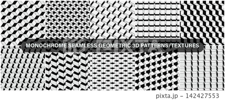 Collection of vector monochrome seamless geometric 3d block shapes patterns. Isometric modern structure repeatable cubes black and white backgrounds. Decorative endless textures 142427553
