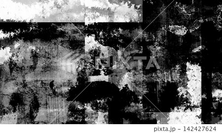 白黒のコントラストとインクかすれが印象的なダークグランジ背景・ストリート・ロック風モノクロコラージュ 142427624