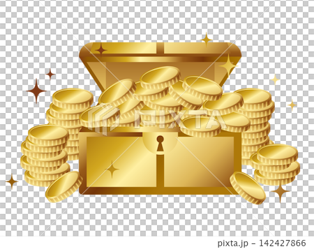 一堆奢華的金幣和一個寶箱——黃金 一堆奢華的金幣和一個寶箱——黃金 142427866