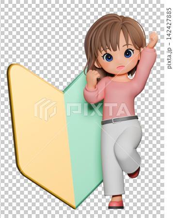 3D CG | 年輕女子在新手駕駛貼紙前舉起拳頭 3D CG | 年輕女子在新手駕駛貼紙前舉起拳頭 142427885