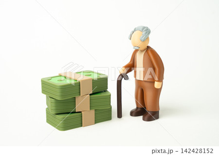 An elderly man with a cane and a stack of money. Savings and pension. Financial assets, inheritance and maintenance expenses shape retirement planning and long term security. 142428152