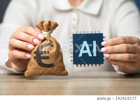 AI microchip and euro money bag. Investment in artificial intelligence technology concept. Funding supports innovation, research and business development. AI microchip and euro money bag. Investment in artificial intelligence technology concept. Funding supports innovation, research and business development. 142428177