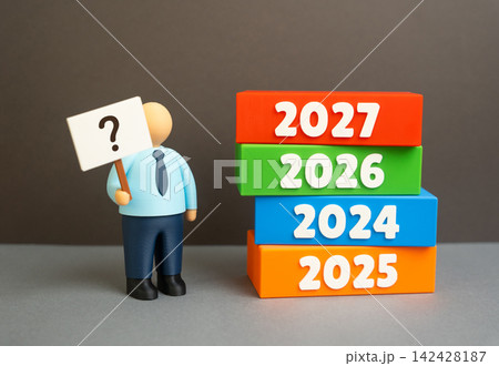 Office worker with a blank poster and question mark near year blocks up to 2027. Business planning and uncertainty. Future goals require answers and strategic decisions. 142428187