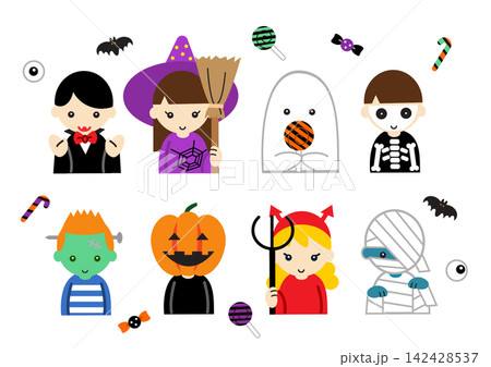 ハロウィンの仮装をした子どものアバターセット(吸血鬼・魔女・ジャックオーランタン・おばけ) ハロウィンの仮装をした子どものアバターセット(吸血鬼・魔女・ジャックオーランタン・おばけ) 142428537