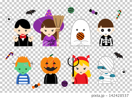ハロウィンの仮装をした子どものアバターセット(吸血鬼・魔女・ジャックオーランタン・おばけ) ハロウィンの仮装をした子どものアバターセット(吸血鬼・魔女・ジャックオーランタン・おばけ) 142428537
