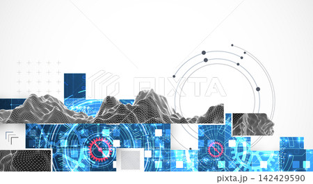 Abstract technology background with digital squares, and wireframe landscape. Vector Abstract technology background with digital squares, and wireframe landscape. Vector 142429590