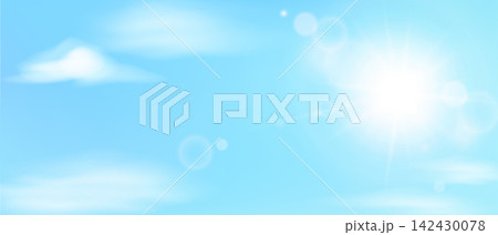 Bright blue sky background with glowing sunlight soft white clouds lens flare and atmospheric bokeh Bright blue sky background with glowing sunlight soft white clouds lens flare and atmospheric bokeh 142430078