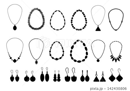 Jewelry black silhouettes. Isolated beads, necklaces and earrings in various designs. Silhouettes for laser cutting, stickers, monochrome jewelry vector design elements Jewelry black silhouettes. Isolated beads, necklaces and earrings in various designs. Silhouettes for laser cutting, stickers, monochrome jewelry vector design elements 142430806