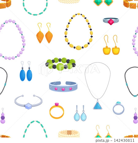 Gold silver jewelry seamless pattern. Different necklaces with beads and pendant, rings and bracelettes with gems, earrings various design, vector background Gold silver jewelry seamless pattern. Different necklaces with beads and pendant, rings and bracelettes with gems, earrings various design, vector background 142430811