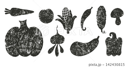 Decorative vegetables grunge stamps. Black vegetable silhouettes, charcoal drawing design. Harvest season, pumpkin, pepper, corn, radish, vector clipart Decorative vegetables grunge stamps. Black vegetable silhouettes, charcoal drawing design. Harvest season, pumpkin, pepper, corn, radish, vector clipart 142430815