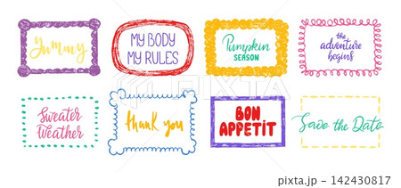 Decorative grunge frames with lettering phrases. Crayon drawing style frame design, children draw. Hello autumn, yummy, thank you banners, vector set 142430817
