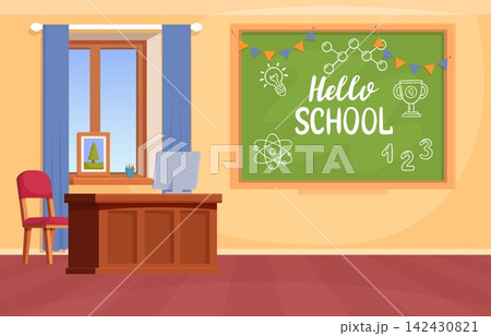 Classroom interior. Cartoon classroom with green classic chalkboard and teacher table. Back to school background. Education building, college, vector scene Classroom interior. Cartoon classroom with green classic chalkboard and teacher table. Back to school background. Education building, college, vector scene 142430821