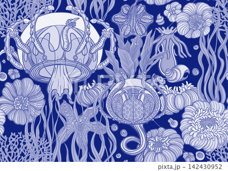 Colorful seamless marine pattern with corals Colorful seamless marine pattern with corals 142430952
