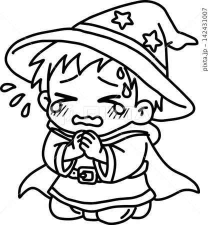 悲しくて涙をこらえるかわいい魔法使いの女の子｜不安で祈るファンタジー線画イラスト 142431007
