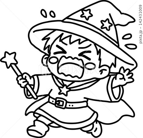 大爆笑して笑いが止まらないかわいい魔法使いの女の子｜楽しいファンタジー線画イラスト 142431009