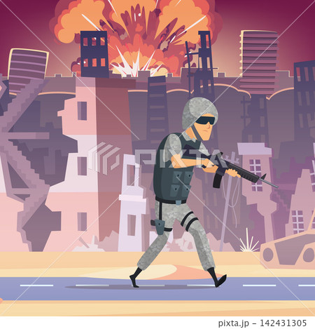 Soldier walking through war torn city with explosion vector illustration 142431305