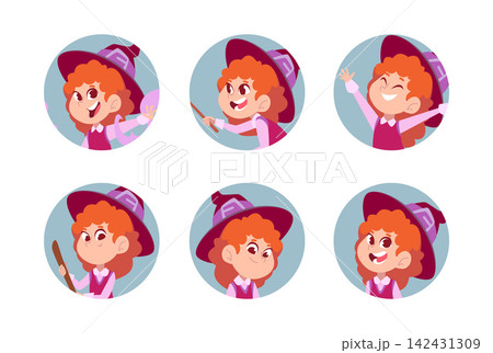 Little witch girl in purple dress different emotions and poses cartoon character set Little witch girl in purple dress different emotions and poses cartoon character set 142431309