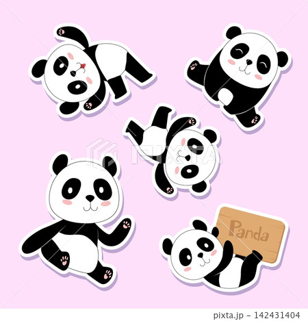 Cute cartoon pandas sticker style with panda sign seamless vector pattern Cute cartoon pandas sticker style with panda sign seamless vector pattern 142431404